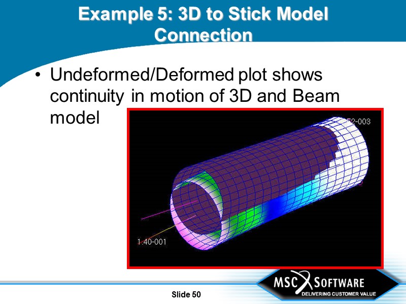 Slide 50 Example 5: 3D to Stick Model Connection Undeformed/Deformed plot shows continuity in